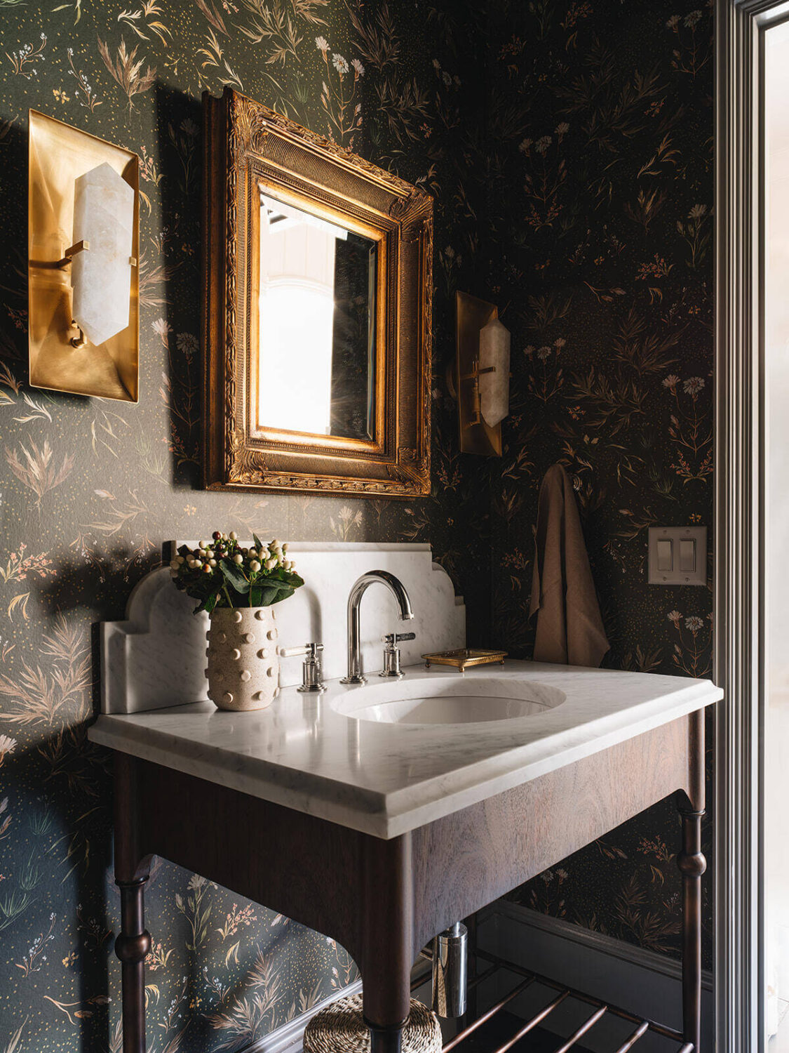 Best of 2023: Bathrooms 19 moody-dark-powder-room-wallpaper-antique-mirror-nordroom