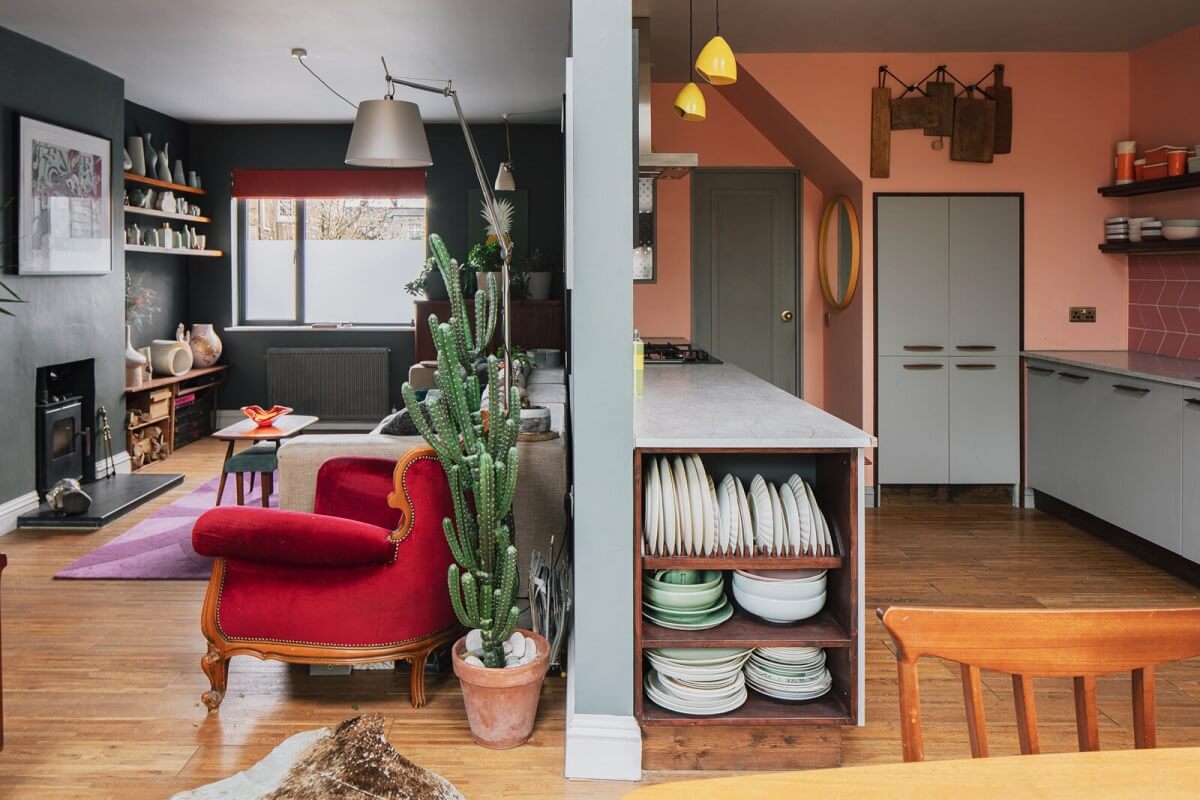 A London Home with Moody Rooms and a Pink Kitchen 5 open-plan-kitchen-living-room-moody-pink-nordroom