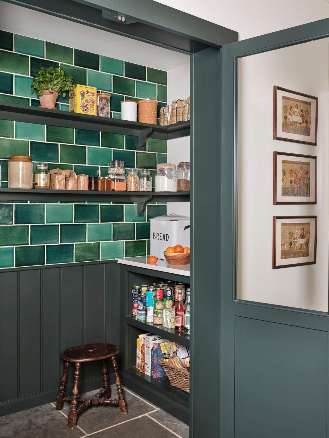 A Grand Family Kitchen in an English Country House 8 pantry-green-tiles-open-shelves-devol-kitchen-nordroom