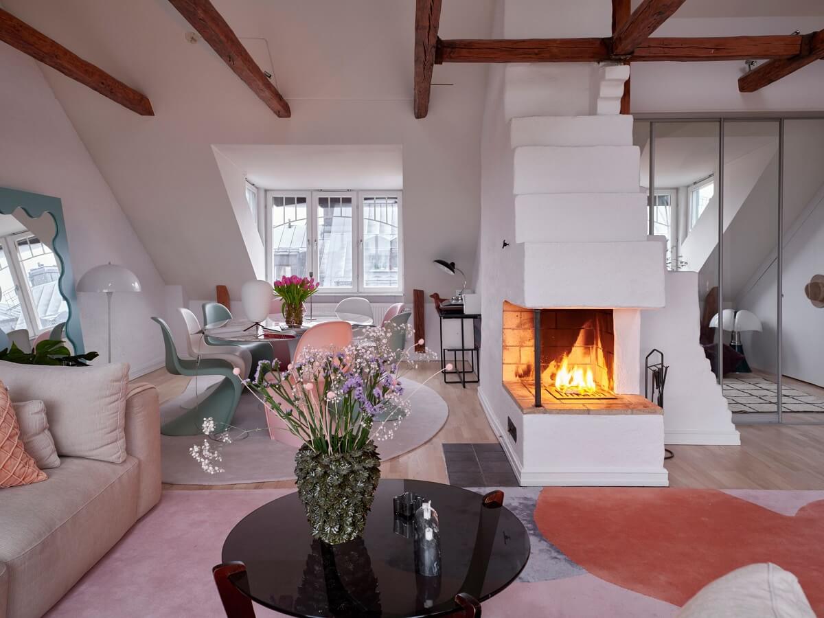 Pastel Color Accents in a Scandinavian Penthouse Apartment 5 penthouse-living-room-nordic-design-fireplace-nordroom
