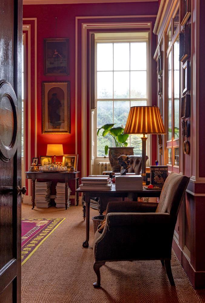 A Historic Greek Revival Country House in Scotland is For Sale 3 red-library-sitting-room-desk-antique-country-house-nordroom