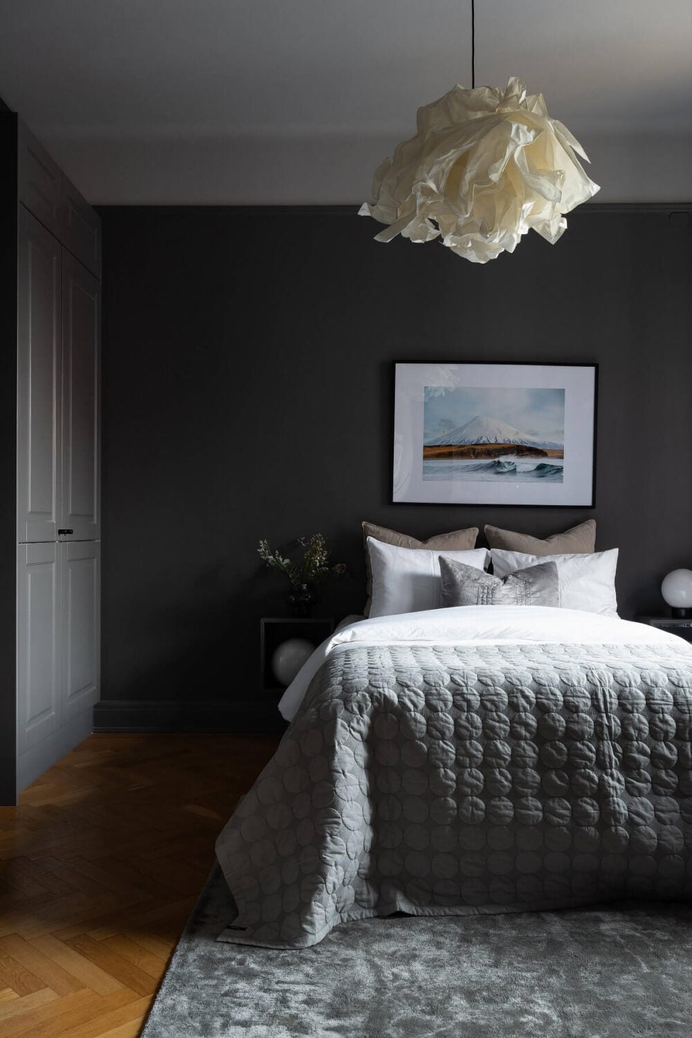 Behr Color of the Year 2024: Cracked Pepper 11 scandinavian-bedroom-dark-gray-walls-built-in-wardrobes-nordroom