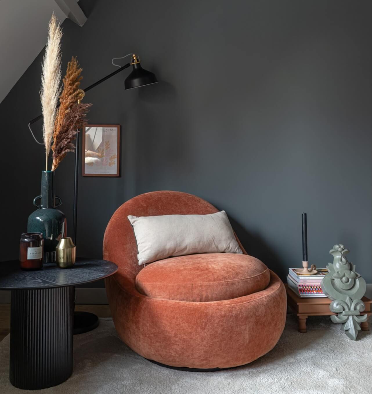 Gray and Earth Tones in a Restored Weavers House in The Netherlands 20 sitting-area-dark-gray-walls-rusty-red-chair-nordroom