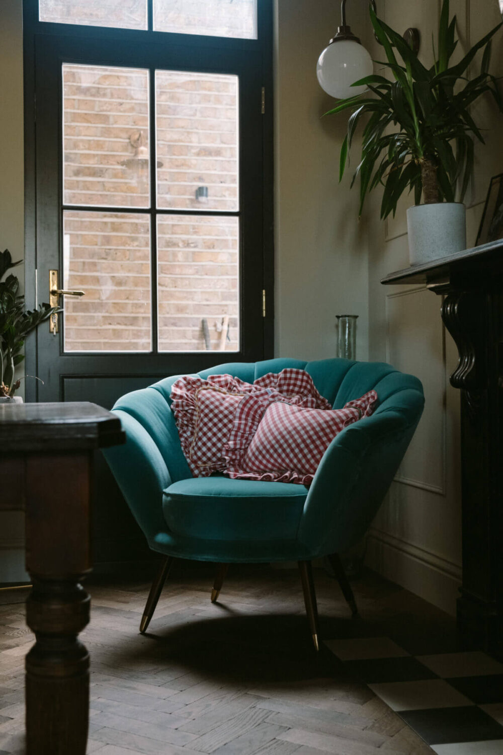 A Deep Red Kitchen in a Victorian Home in London 6 sitting-room-teal-green-armchair-nordroom