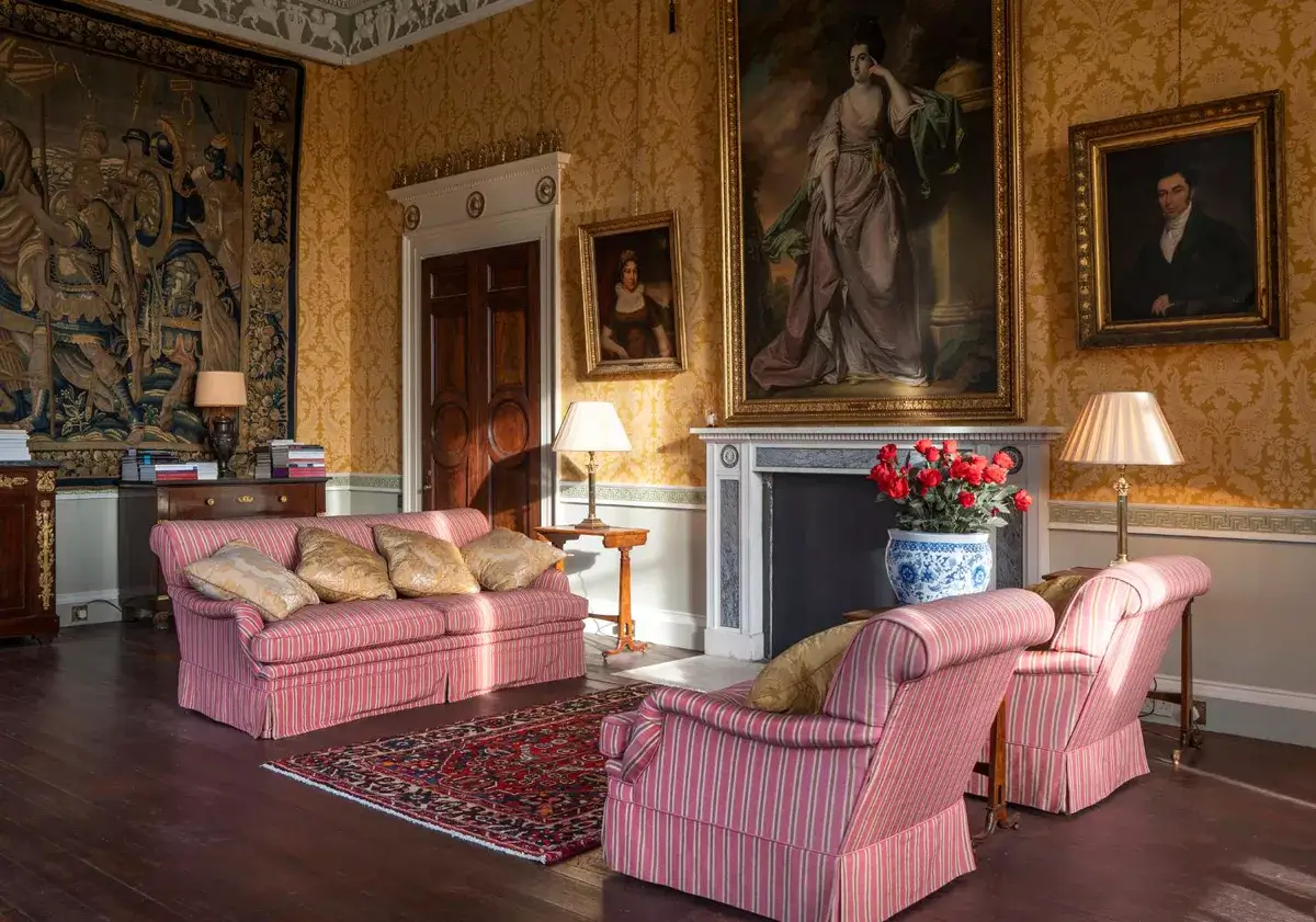 A Historic Greek Revival Country House in Scotland is For Sale 5 sitting-room-yellow-wallpaper-fireplace-art-country-house-scotland