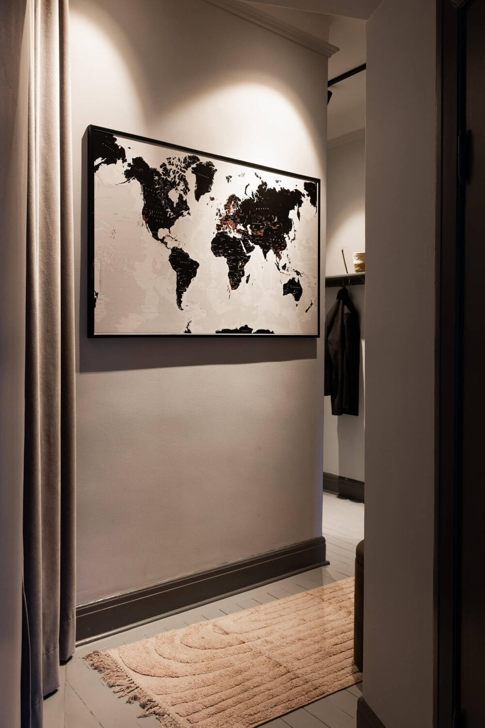 A Stylish Gray Apartment in Stockholm 18 small-hallway-world-map-nordroom