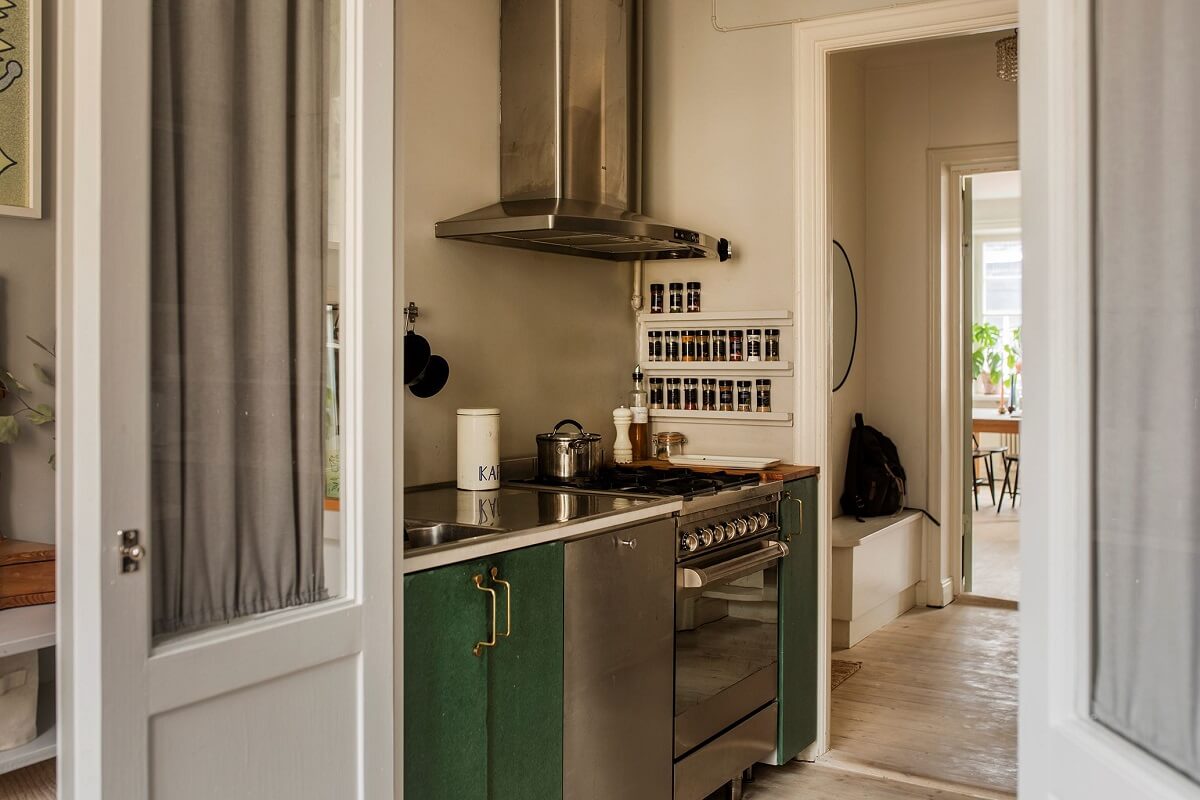 A Small Swedish Apartment Decorated in Midcentury Style 8 small-kitchen-green-cabinets-nordroom