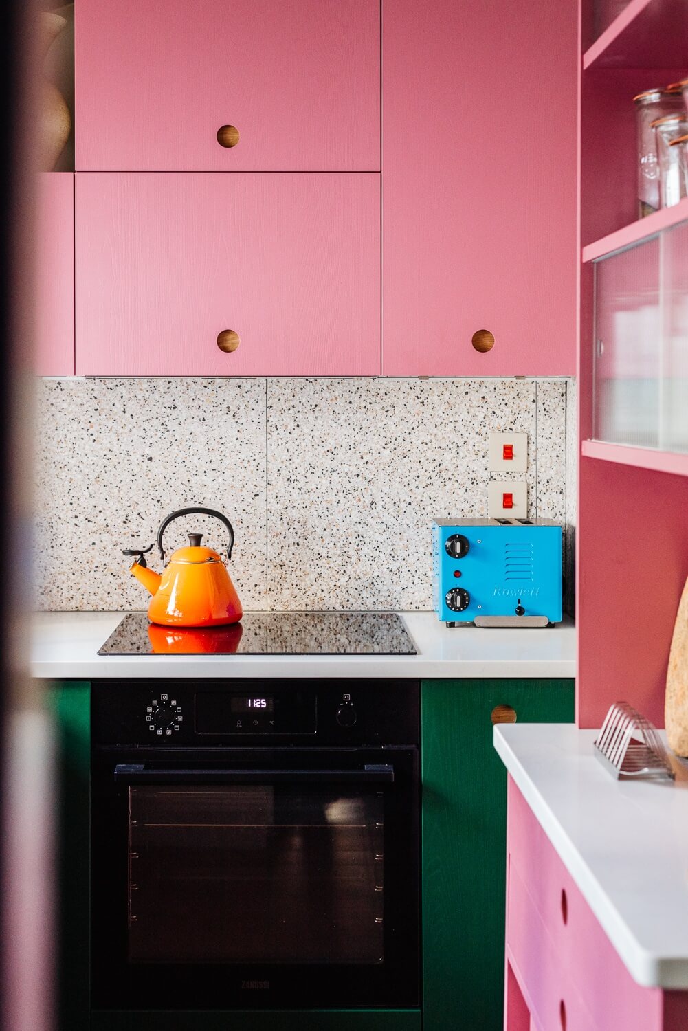 Small Space, Big Style: How to Design a Teeny-Tiny Kitchen That Works 28 tiny-kitchen-pink-green-cabinets-nordroom