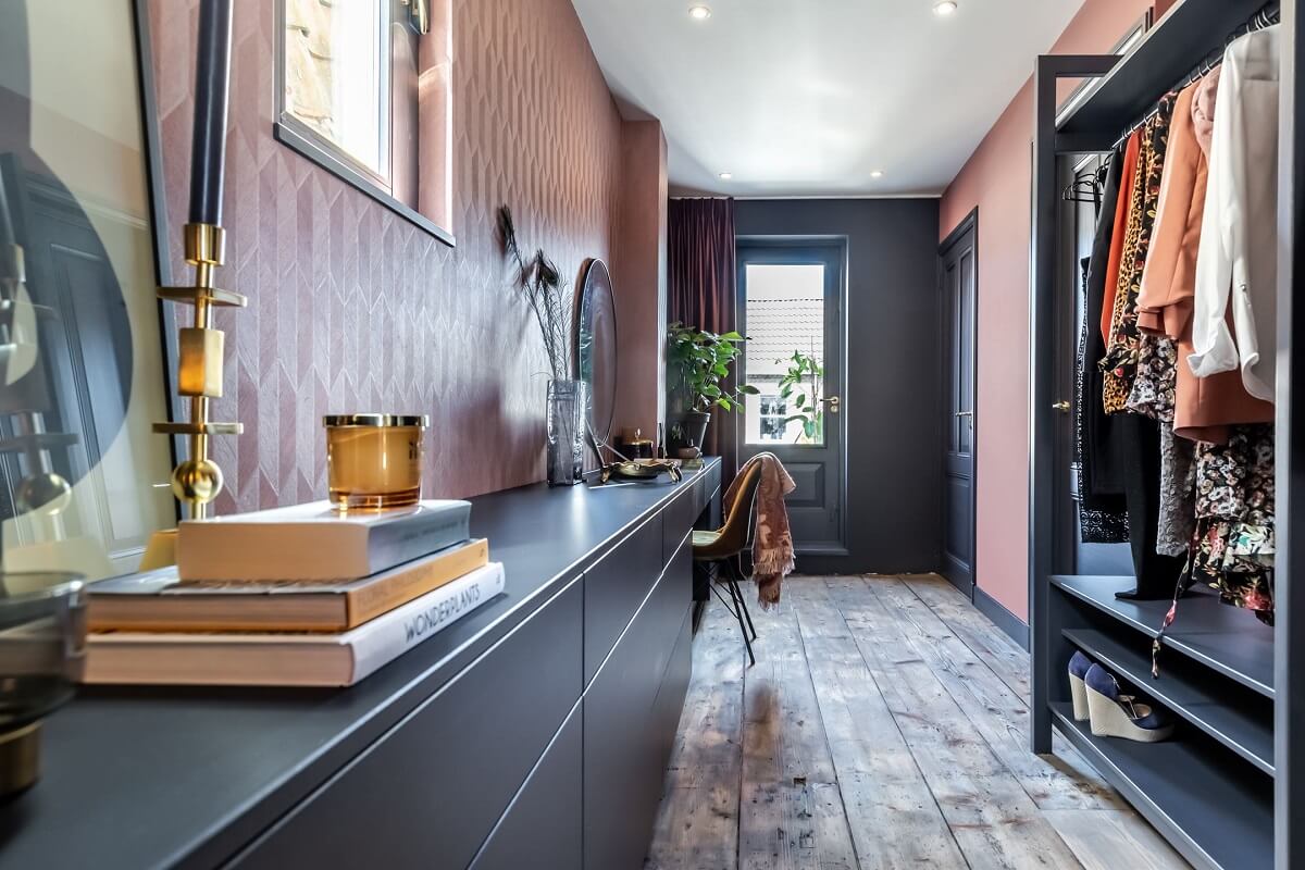 Gray and Earth Tones in a Restored Weavers House in The Netherlands 14 walk-in-closet-gray-closets-pink-wallpaper-nordroom