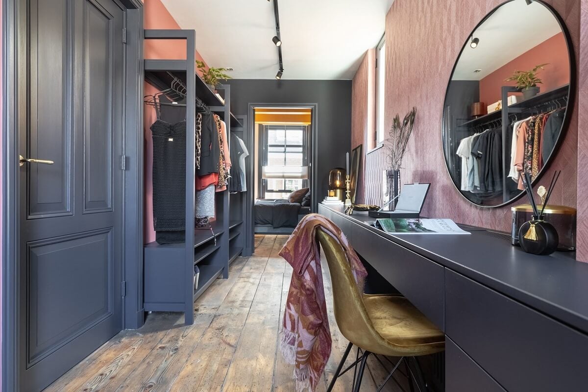 Gray and Earth Tones in a Restored Weavers House in The Netherlands 13 walk-in-closet-pink-walls-gray-vanity-nordroom
