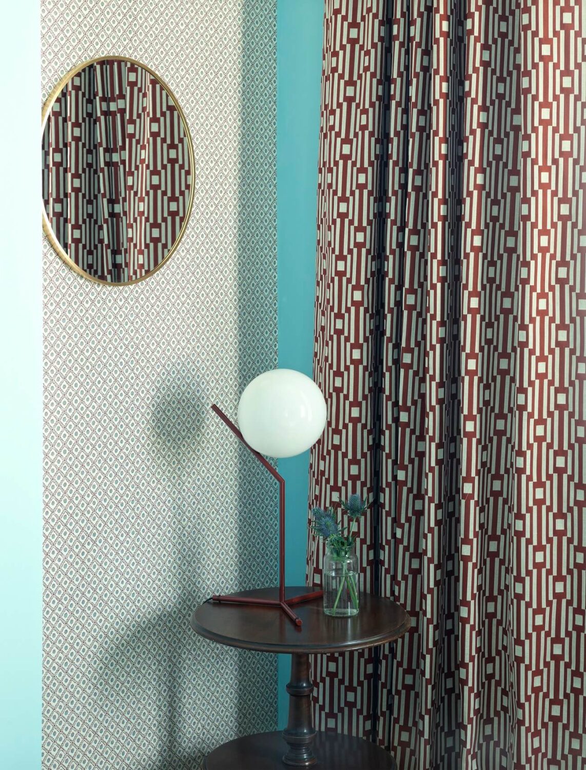A Colorful House By The Sea Designed by Space A 10 bedroom-detail-70s-style-blue-wall-round-mirror-nordroom