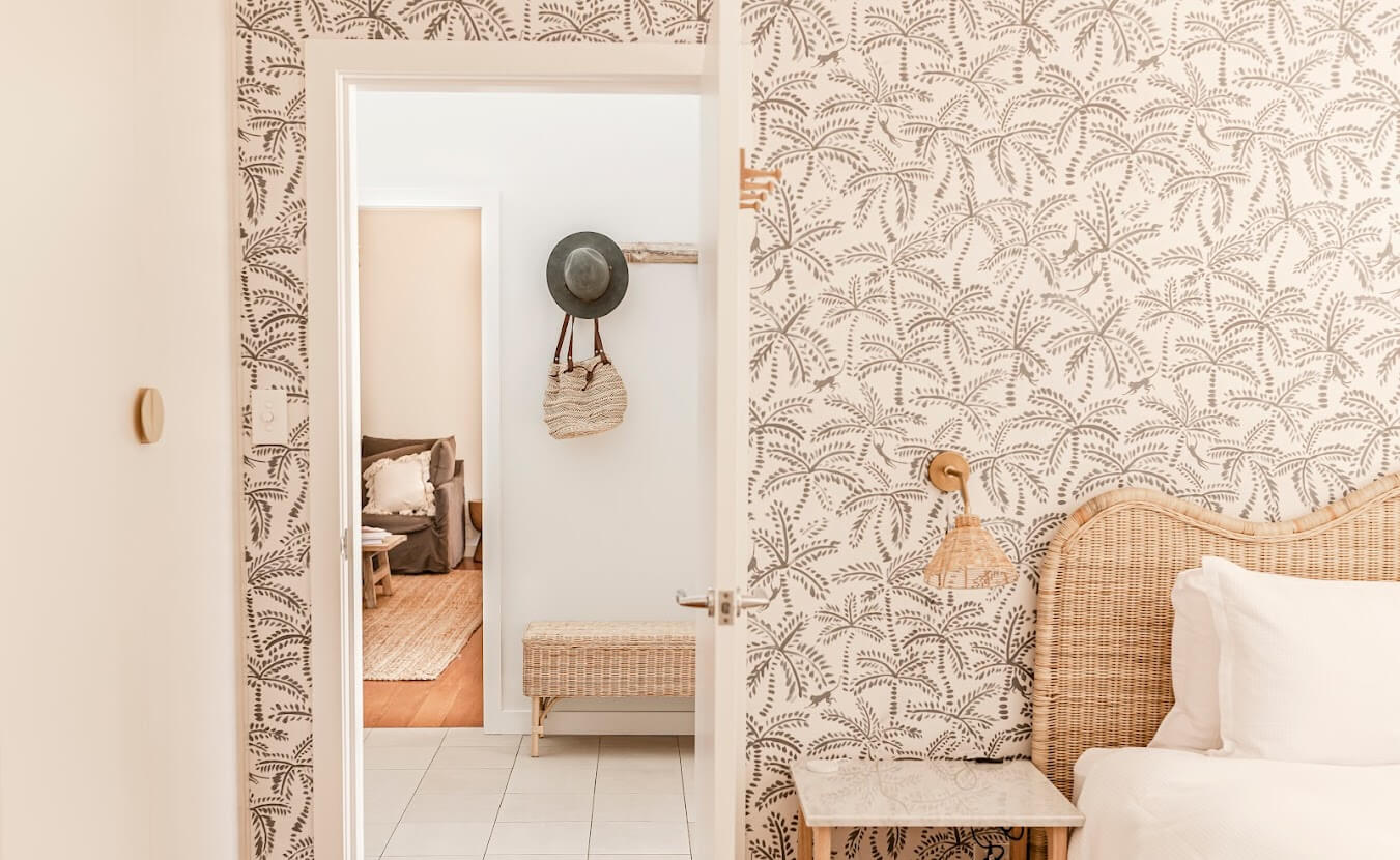 Oyster Catcher Huskisson: A Sustainable Beach House in Australia 21 bedroom-flowing-headboard-wicker-wallpaper-nordroom