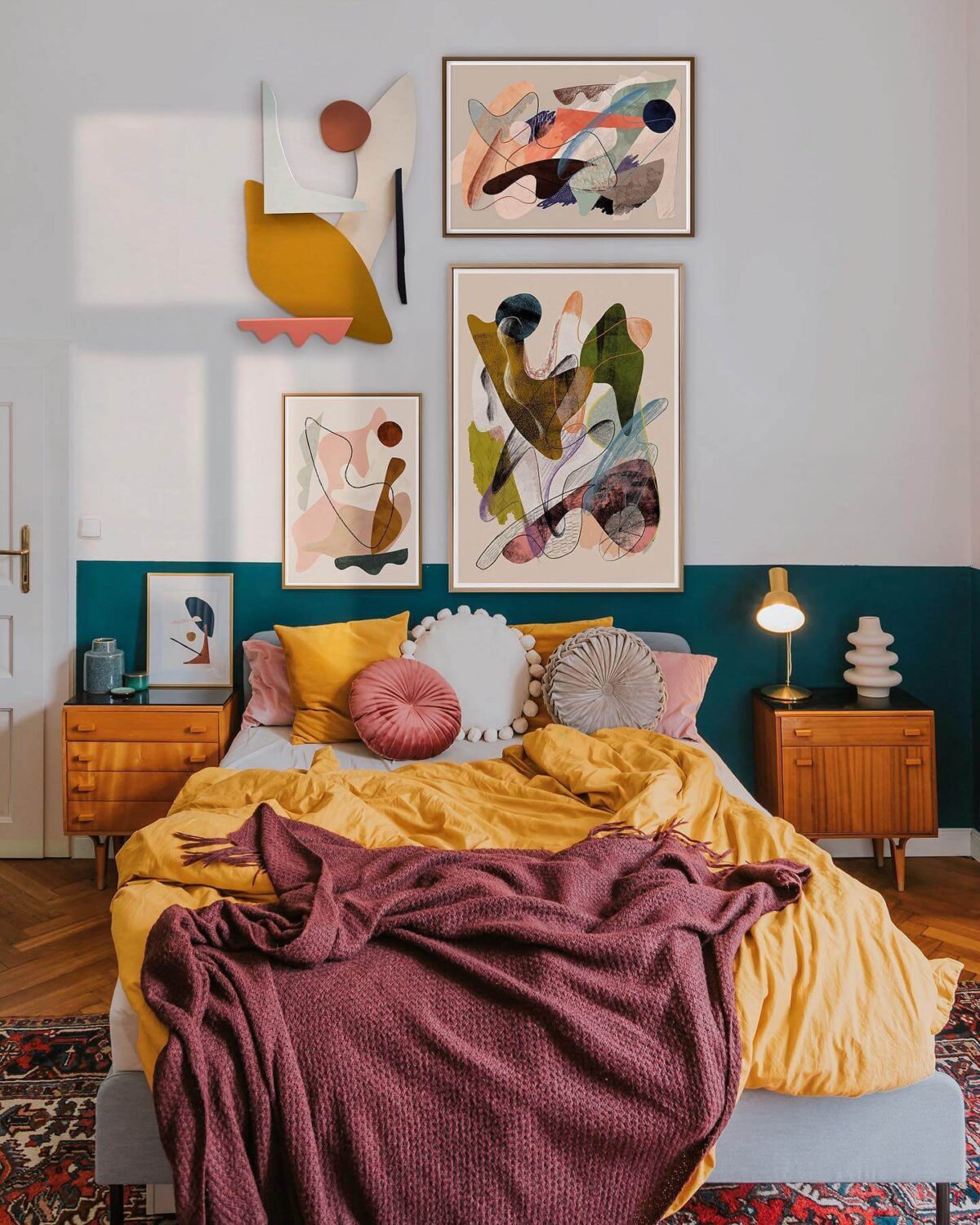 Two-Tone Walls Ideas: Create A Color Blocking Accent Wall 32 bedroom green half painted wall ochre yellow bedding