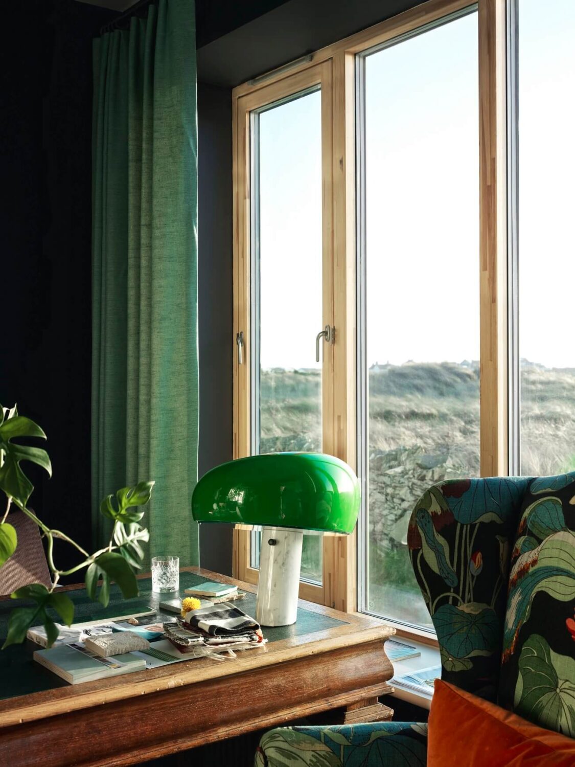 A Colorful House By The Sea Designed by Space A 7 desk-close-up-green-lamp-patterned-chair-nordroom
