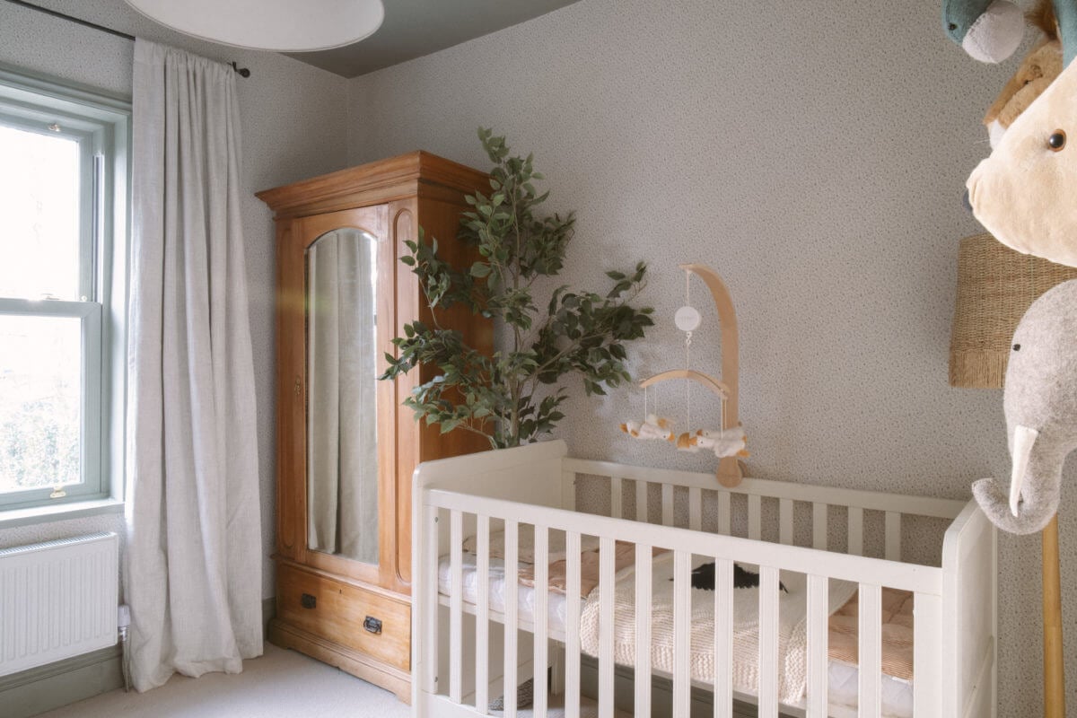 A Serene Renovated Victorian House in London 34 gender-neutral-nursery-gray-painted-ceiling-nordroom