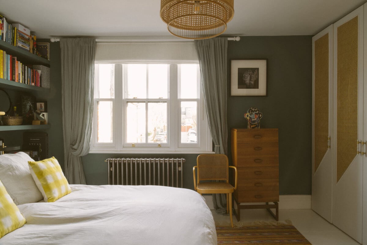 A Victorian House in London Decorated in Warm Color Tones 27 green-bedroom-wardrobes-cane-panels-nordroom