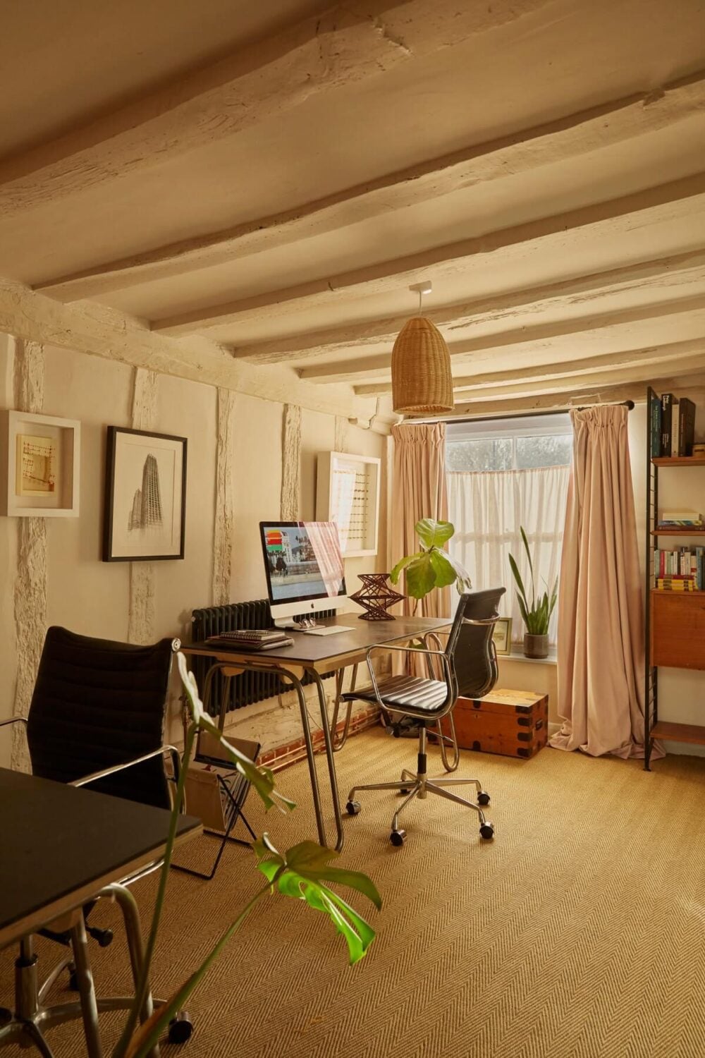 A Pink English Home That's Brimming with History 18 home-office-white-walls-wooden-ceiling-nordroom