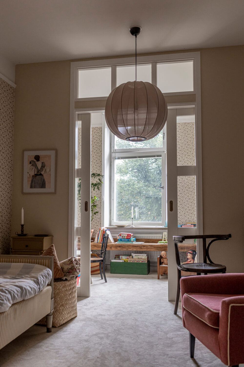 A Scandinavian Apartment with Antique Furniture 10 kids-bedroom-playroom-sliding-doors-wallpaper-nordroom