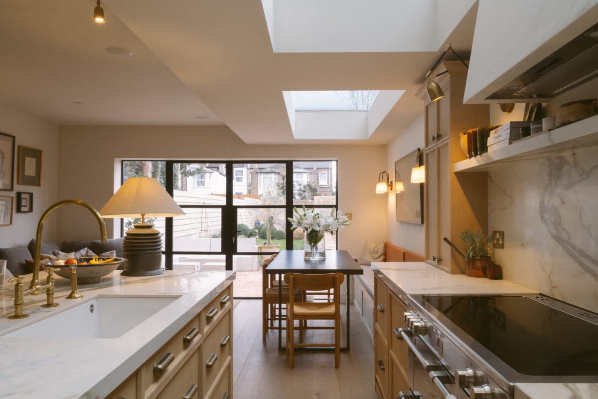 A Serene Renovated Victorian House in London 10 kitchen-dining-space-skywindow-bench-nordroom