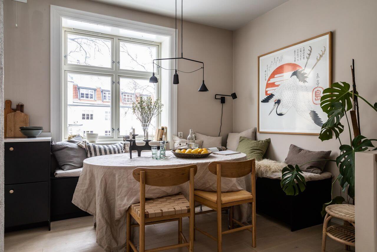 Soft Neutral Colors in a Norwegian Maisonette Home 8 l-shaped-bench-dining-area-nordroom