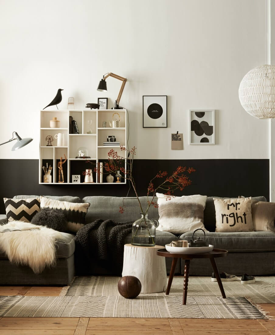 Two-Tone Walls Ideas: Create A Color Blocking Accent Wall 10 living-room-two-tone-wall-inspiration-black-white-paint-nordroom
