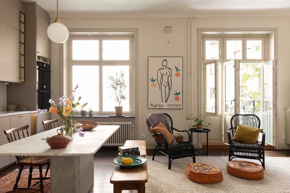 A Classic Maisonette Home in Stockholm 2 open-plan-living-space-kitchen-table-nordroom