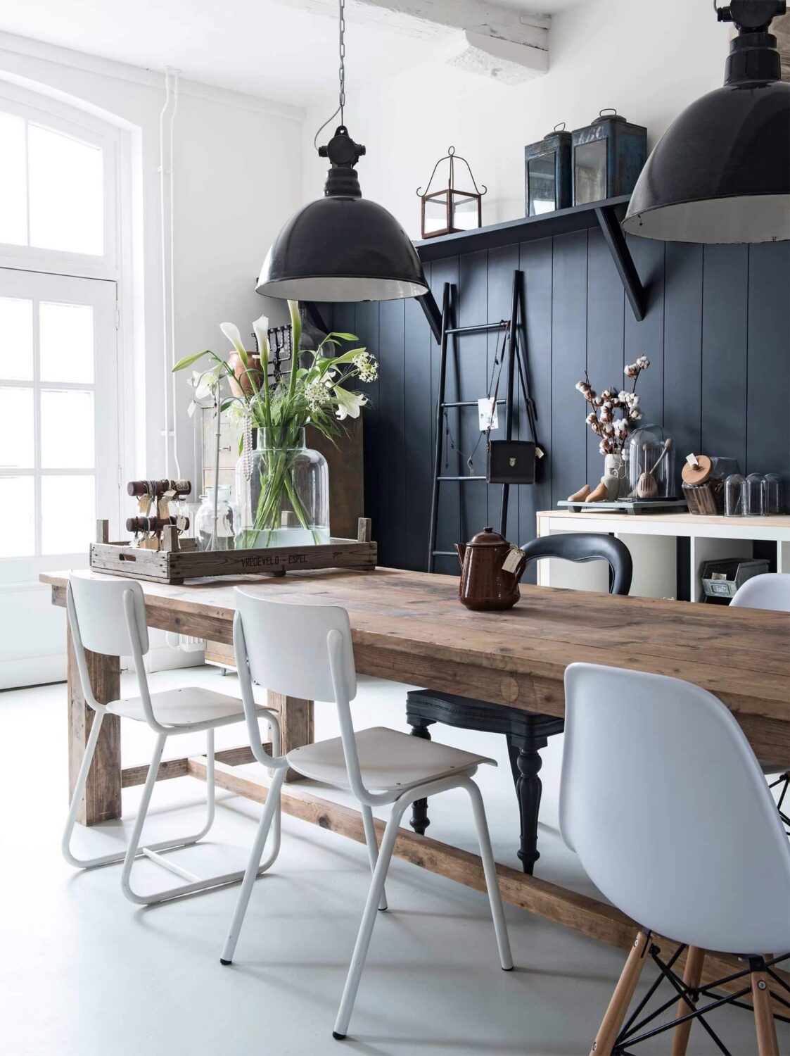 Two-Tone Walls Ideas: Create A Color Blocking Accent Wall 11 rustic dining room farmhouse table dark painted wood paneling nordroom