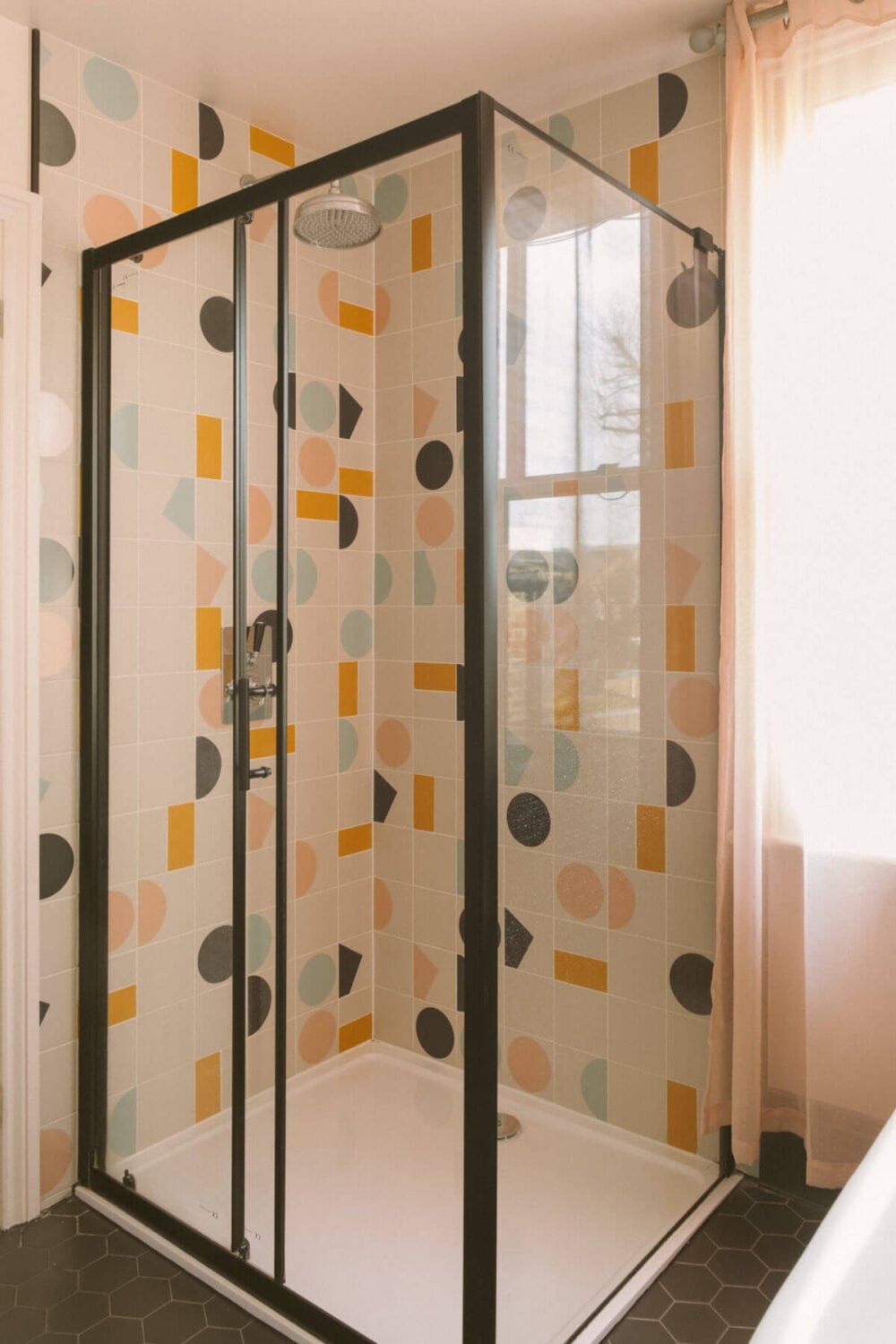 A Victorian House in London Decorated in Warm Color Tones 33 shower-colorful-geometric-tiles-nordroom