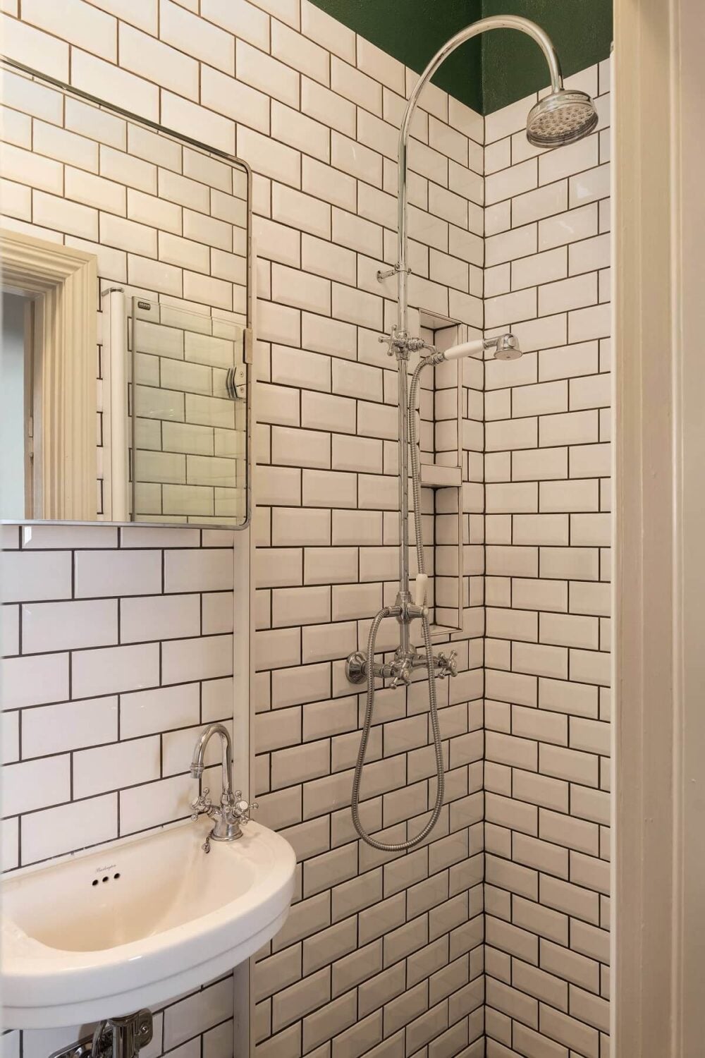 A Classic Maisonette Home in Stockholm 24 tiny-bathroom-white-subway-tiles-green-ceiling-nordroom