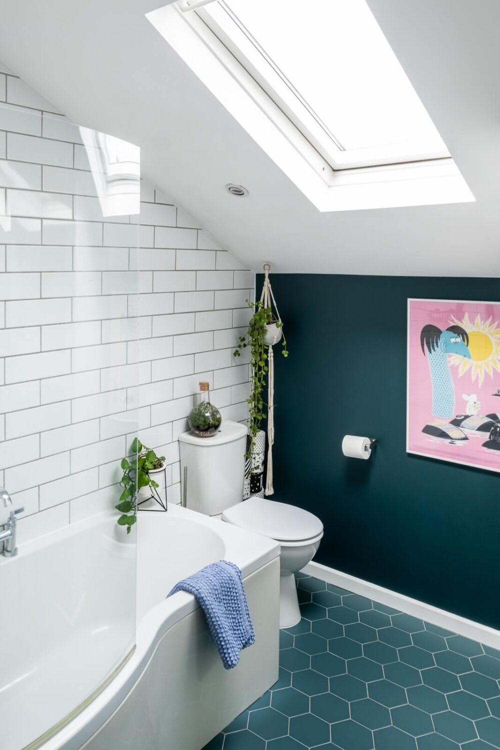 Blue and Green Tones in a London Home 13 bathroom-blue-floor-tiles-slanted-ceiling-nordroom