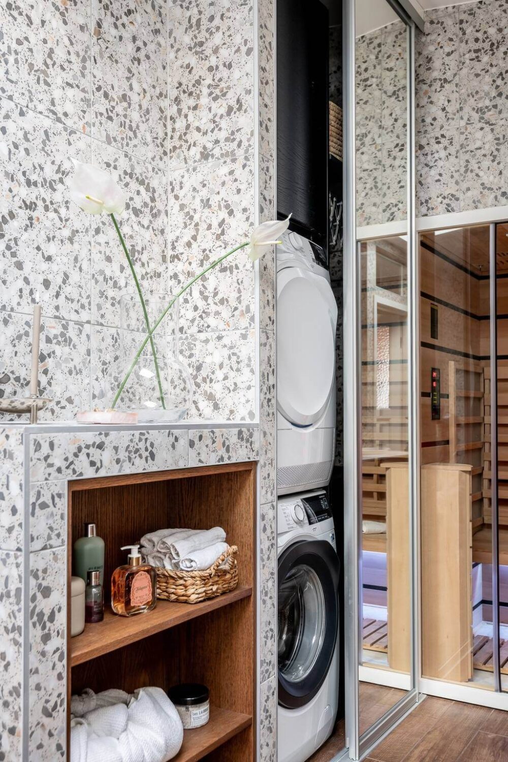 A Swedish Maisonette with a Blue Kitchen and Wallpaper 30 bathroom washer dryer cabinet A Swedish Maisonette with a Blue Kitchen and Wallpaper