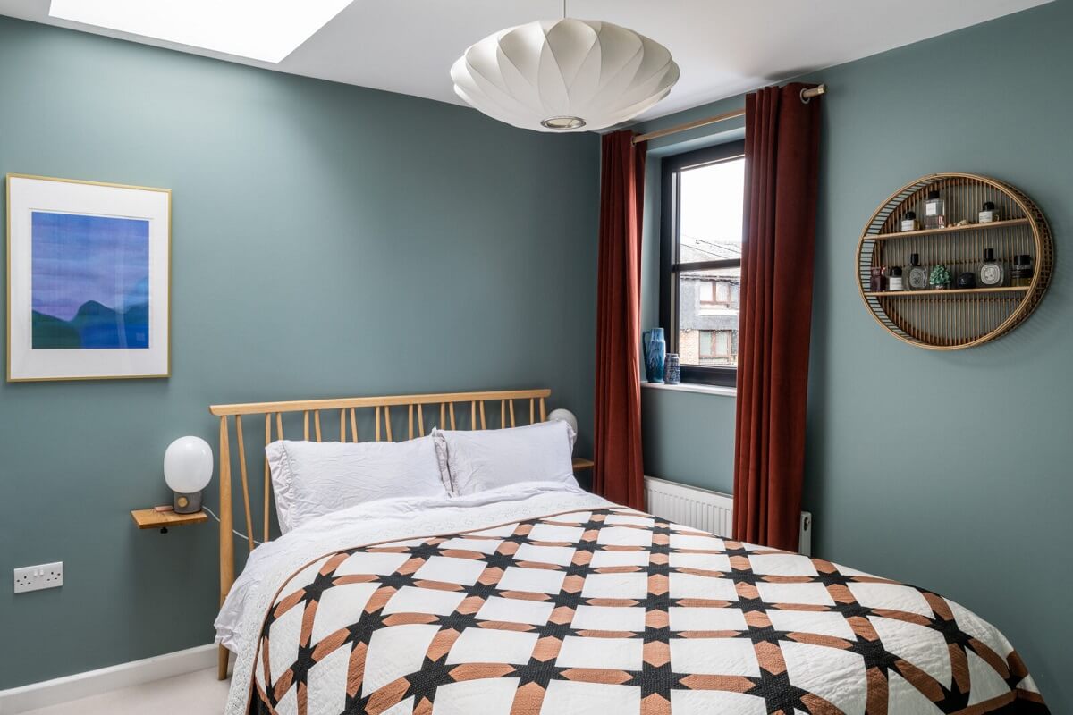 Blue and Green Tones in a London Home 12 bedroom-blue-walls-velvet-red-curtains-nordroom