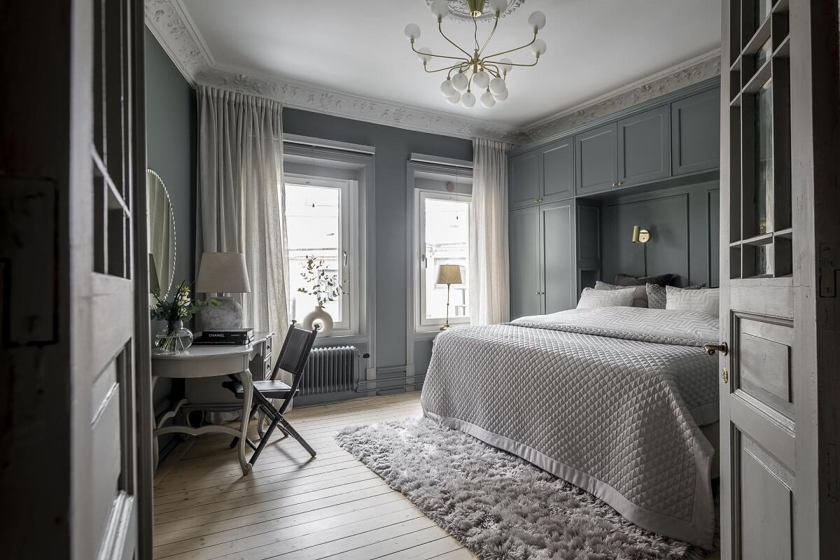 Gray Tones in a Classic Historic Scandinavian Home 7 bedroom-built-in-closets-desk-nordroom