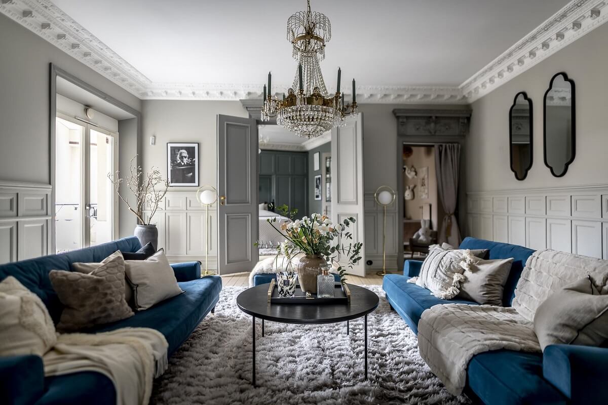 Gray Tones in a Classic Historic Scandinavian Home 4 blue-couch-gray-living-room-nordroom