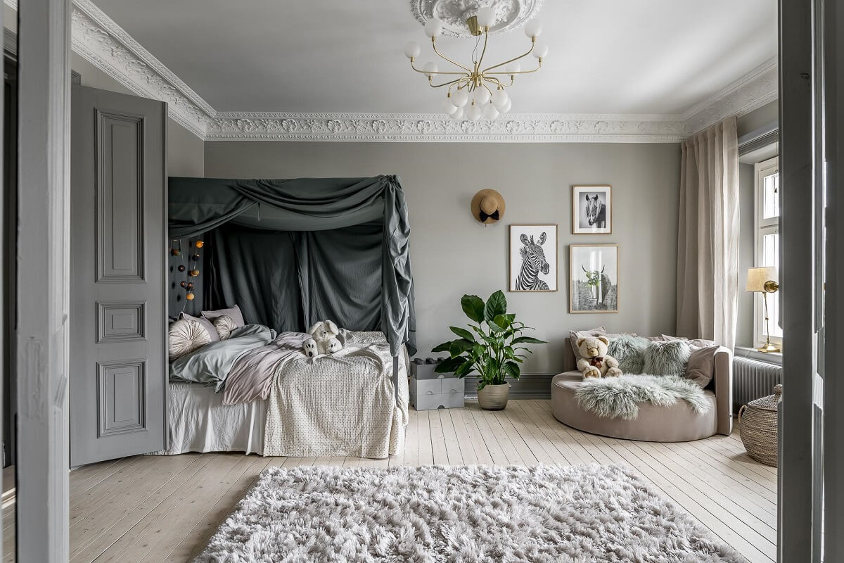 Gray Tones in a Classic Historic Scandinavian Home 22 children-room-canopy-bed-round-chair-nordroom
