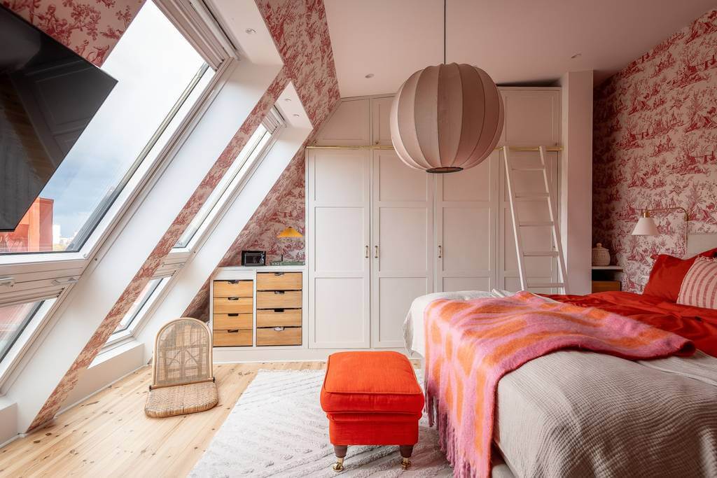A Swedish Maisonette with a Blue Kitchen and Wallpaper 24 colorful bedroom wallpaper slanted ceiling A Swedish Maisonette with a Blue Kitchen and Wallpaper