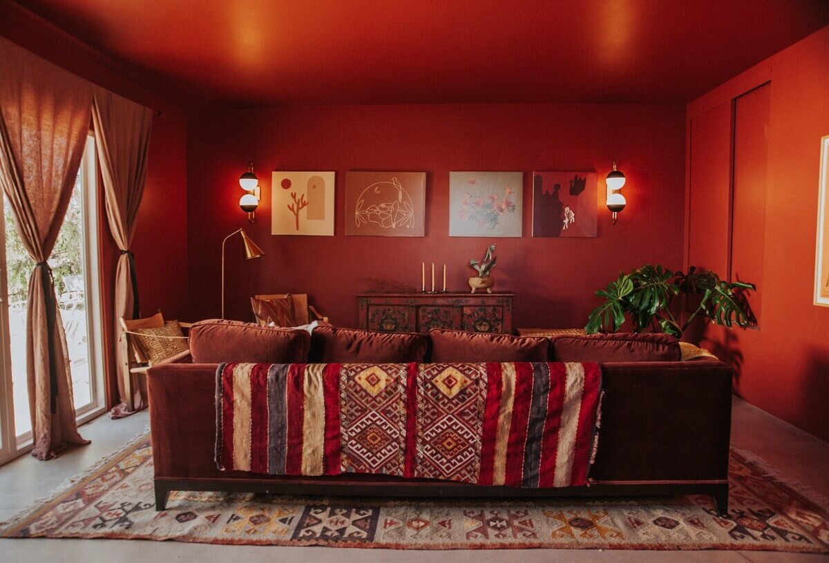 A Colorful Airbnb Home in the Morongo Valley 3 deep-red-sitting-room-painted-ceiling-nordroom