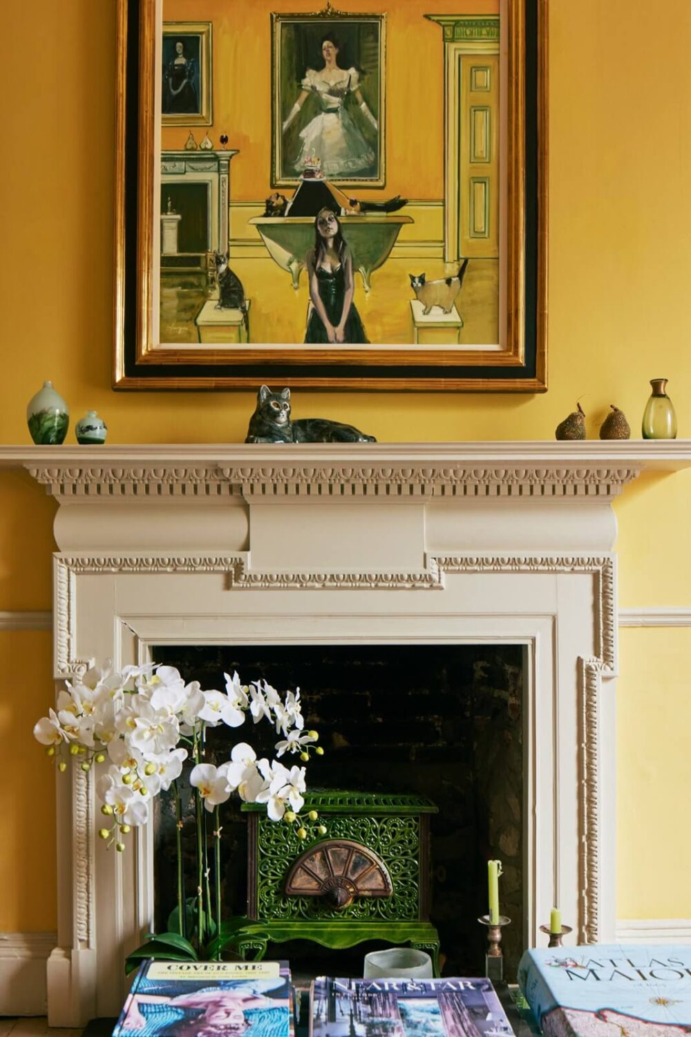 Colorful Rooms and Unique Decor in a Home in Bath 3 fireplace-detail-yellow-walls-sitting-room-nordroom