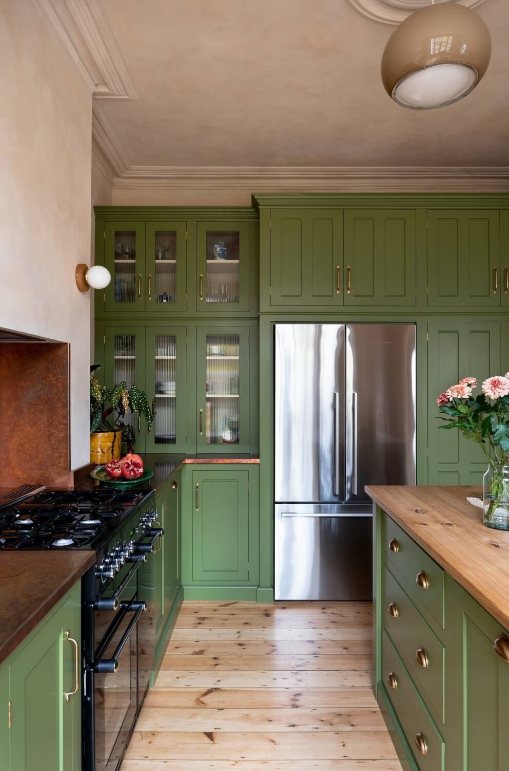 A Green deVOL Kitchen Combined with Plaster Pink Walls 1 floor-to-ceiling-cabinets-classic-english-cupboards-devol-nordroom