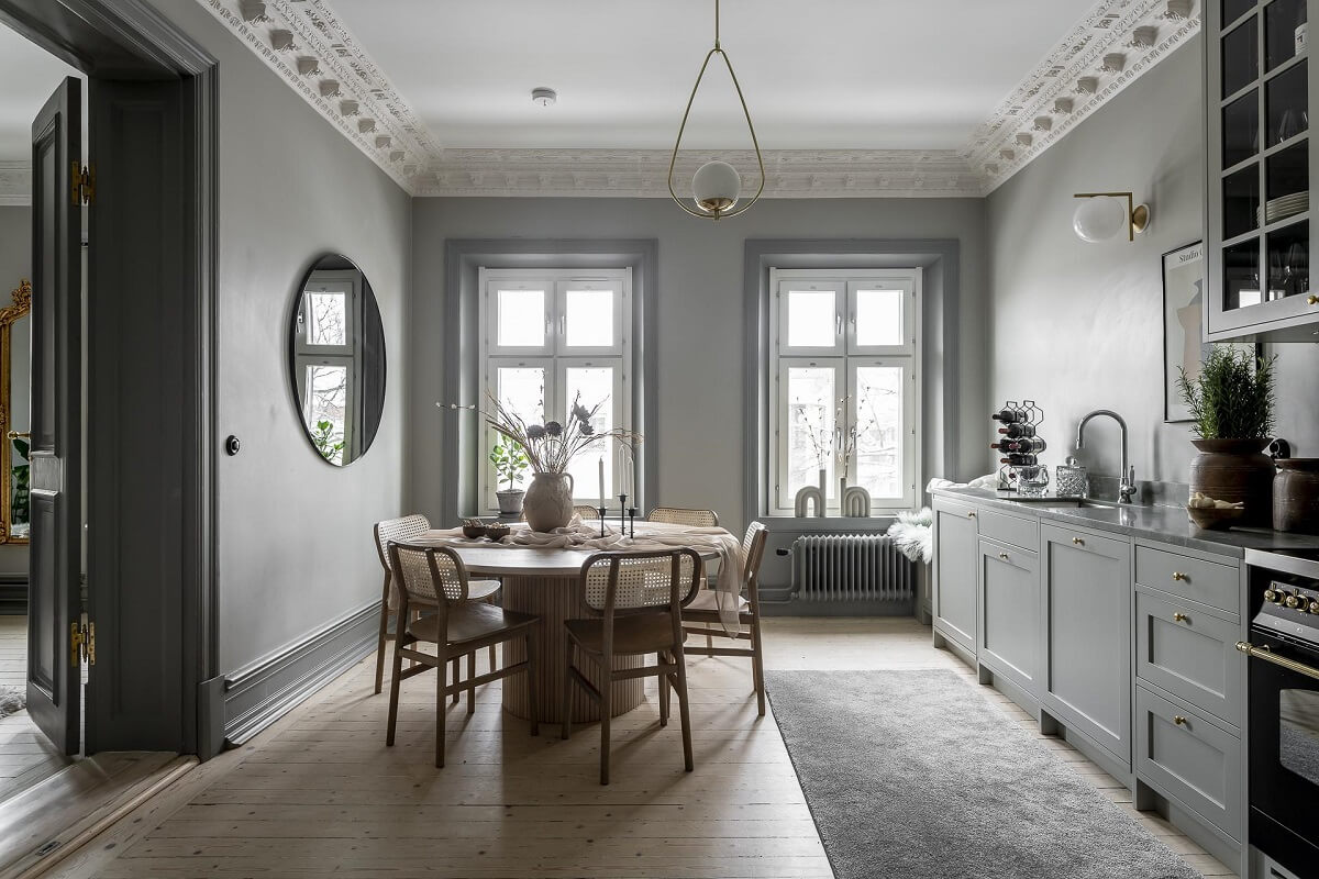Gray Tones in a Classic Historic Scandinavian Home 18 gray-kitchen-round-dining-table-nordroom