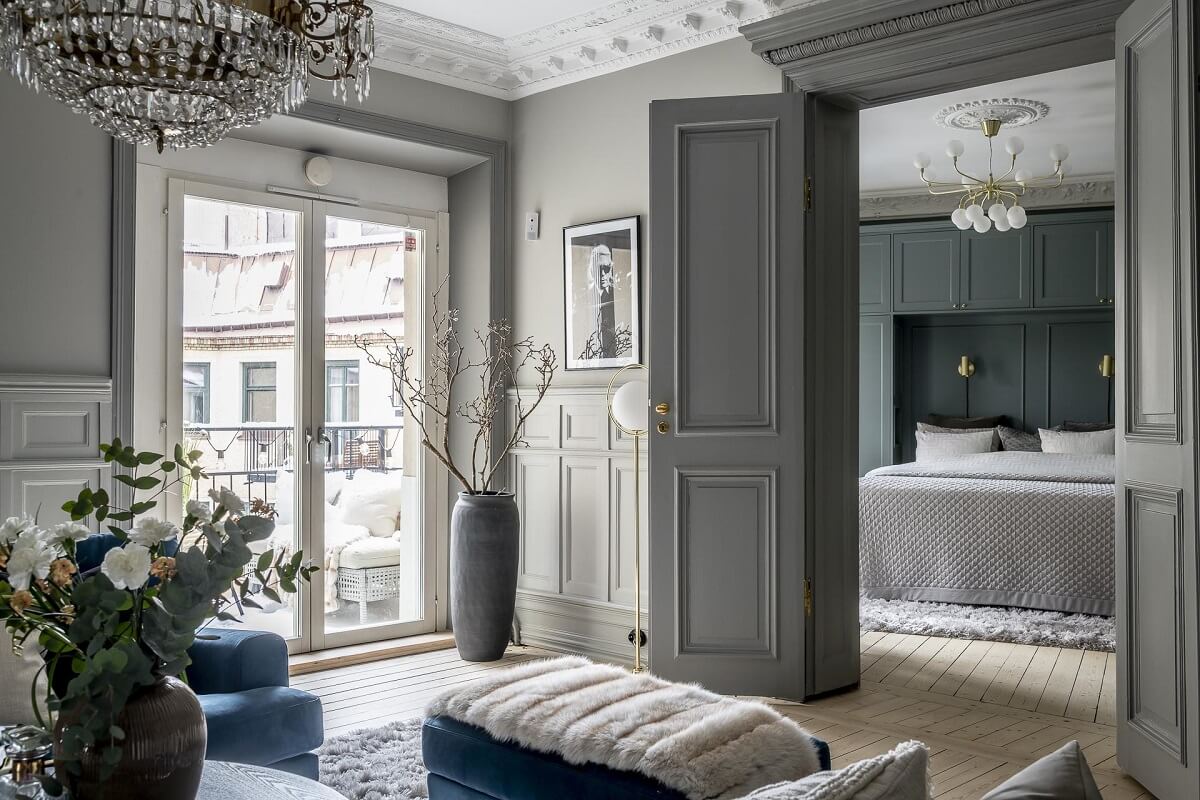 Gray Tones in a Classic Historic Scandinavian Home 5 gray-living-room-mirror-doors-bedroom-nordroom