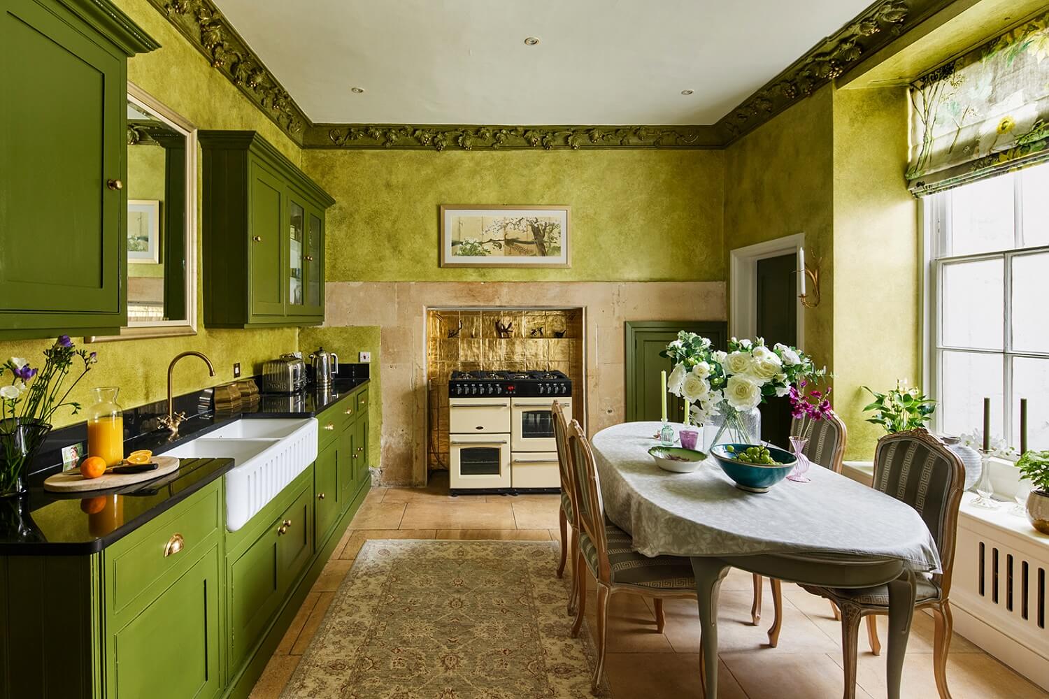 Colorful Rooms and Unique Decor in a Home in Bath 13 kitchen-dining-room-green-cabinets-cornicing-nordroom
