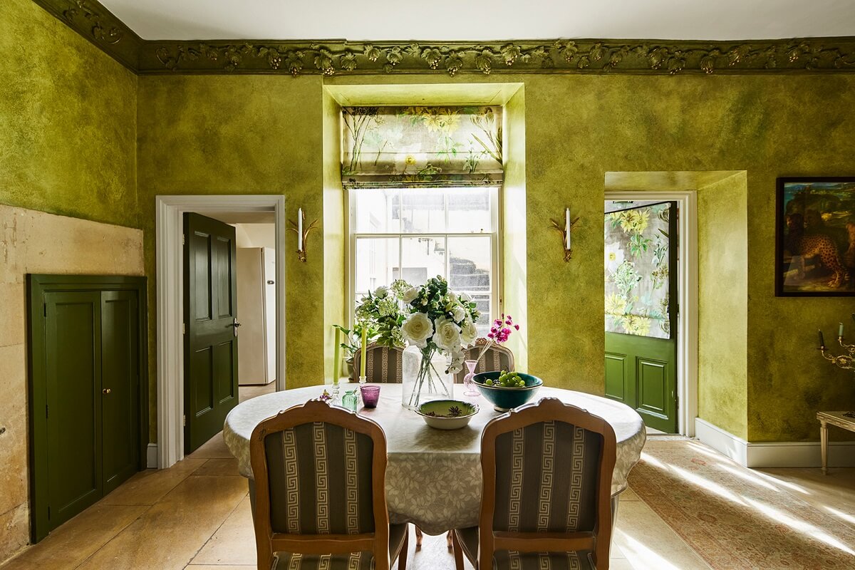 Colorful Rooms and Unique Decor in a Home in Bath 14 kitchen-dining-table-green-walls-nordroom