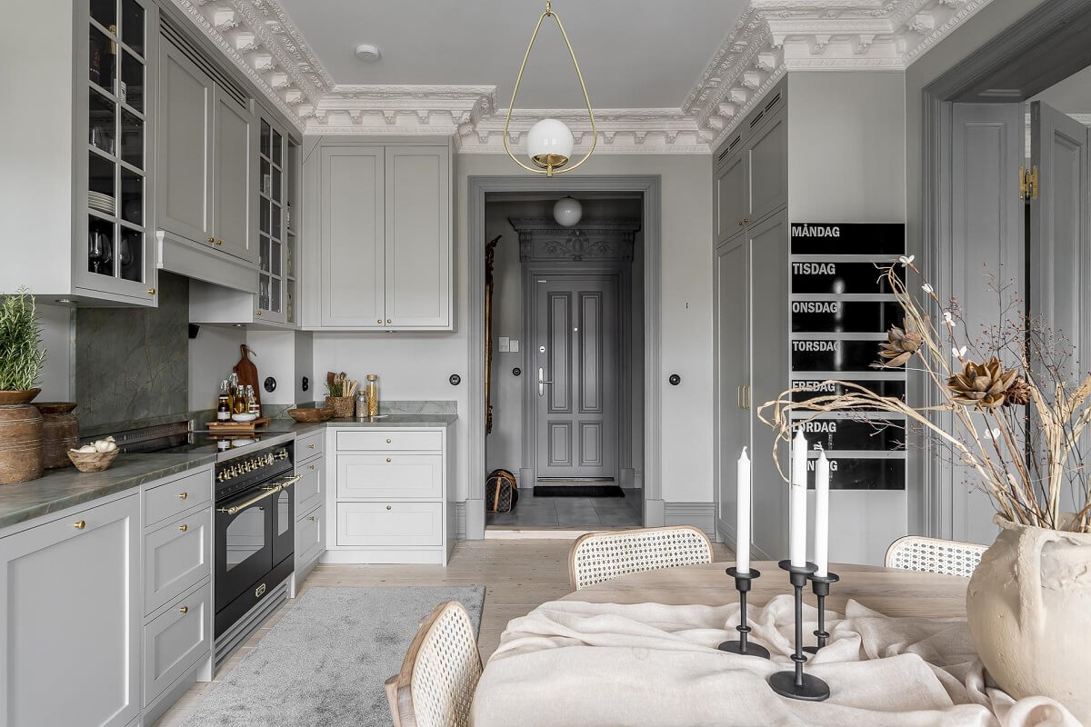 Gray Tones in a Classic Historic Scandinavian Home 20 kitchen-gray-cabinets-walls-ceiling-ornaments-nordroom