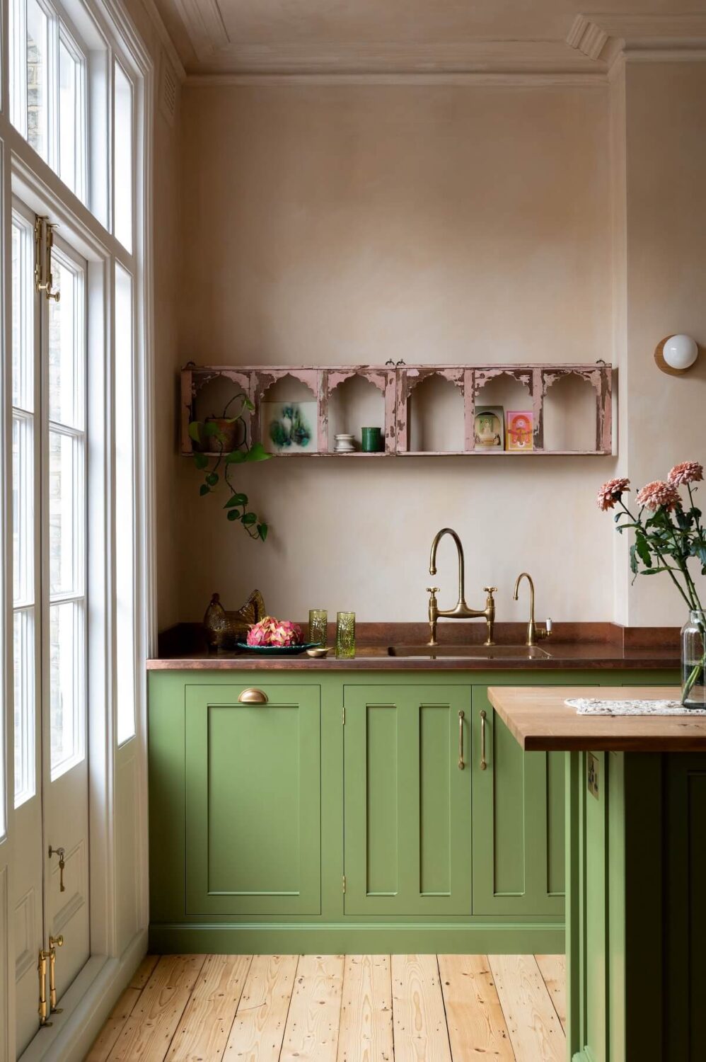 A Green deVOL Kitchen Combined with Plaster Pink Walls 4 kitchen-green-cabinets-shelf-nordroom