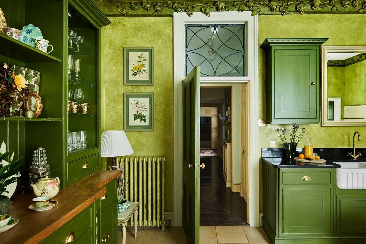 Colorful Rooms and Unique Decor in a Home in Bath 17 kitchen-olive-green-walls-green-cabinets-nordroom