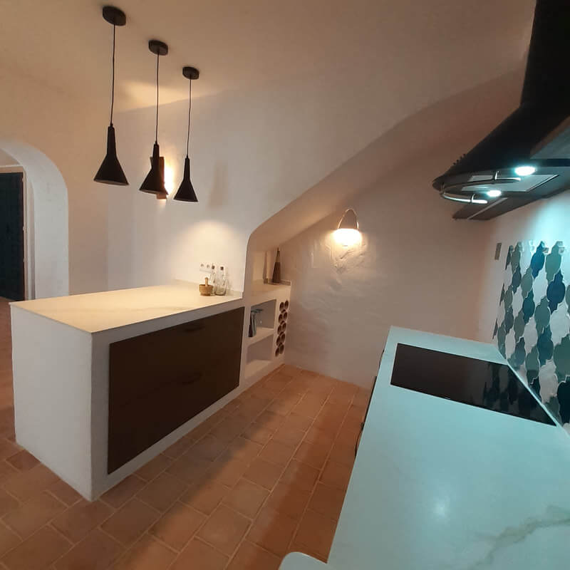 Casita Alborán: A Stylish Home in a Spanish Seaside Town 9 kitchen-white-marble-worktop-green-tiles-nordroom