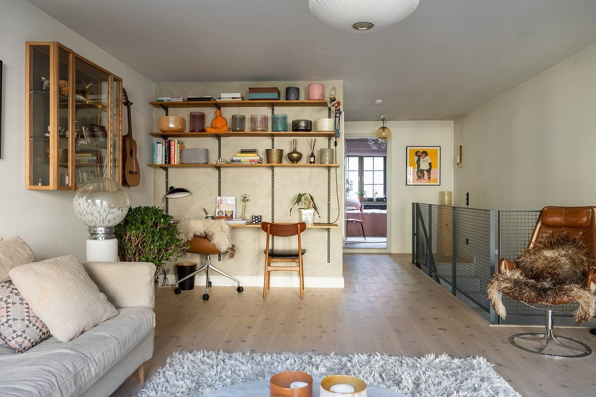 A Swedish Townhouse with a Light Green Kitchen 10 light-scandinavian-living-room-double-desk-shelves-nordroom