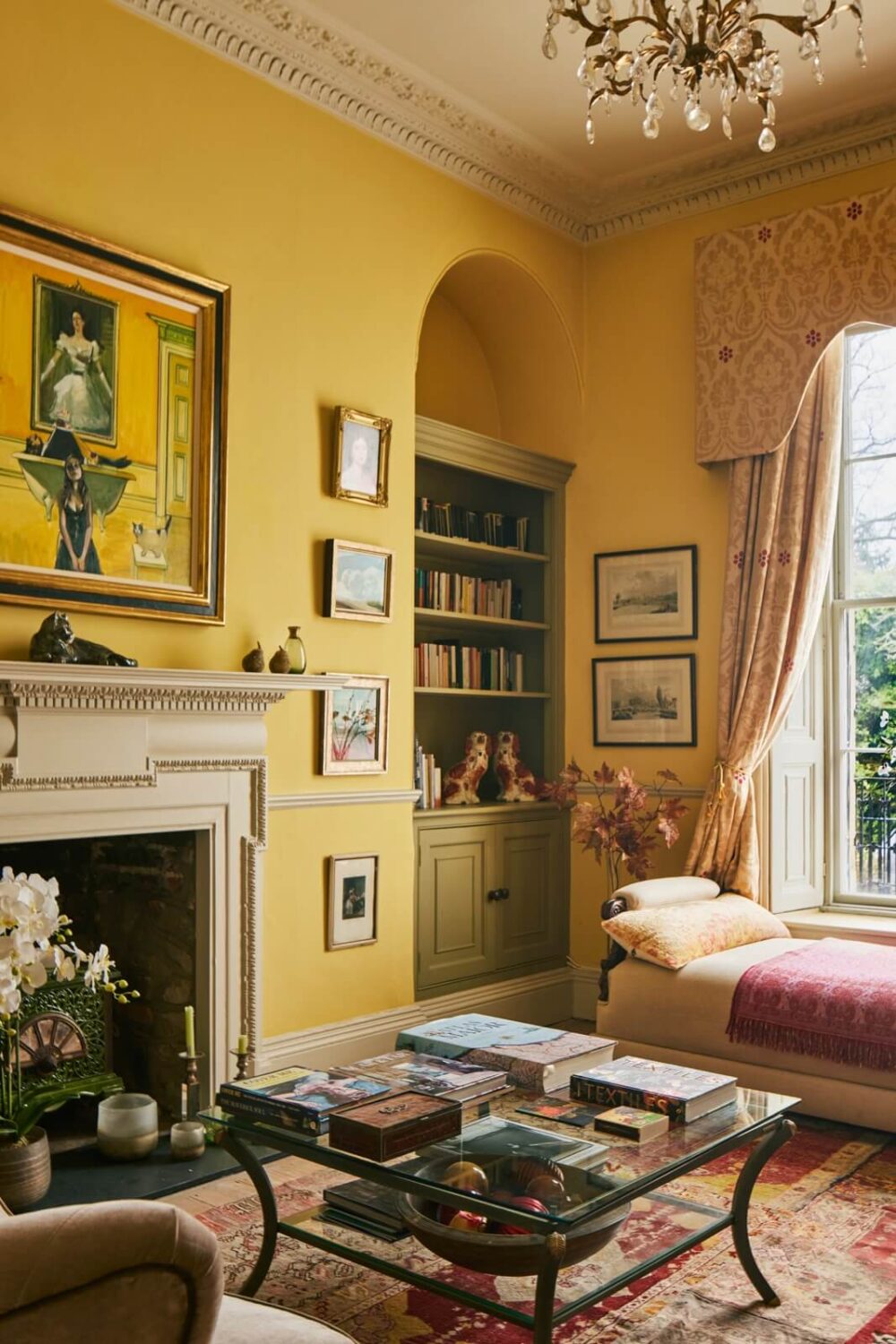 Colorful Rooms and Unique Decor in a Home in Bath 2 living-room-with-arched-niches-bookcases-fireplace-sunny-yellow-walls-nordroom