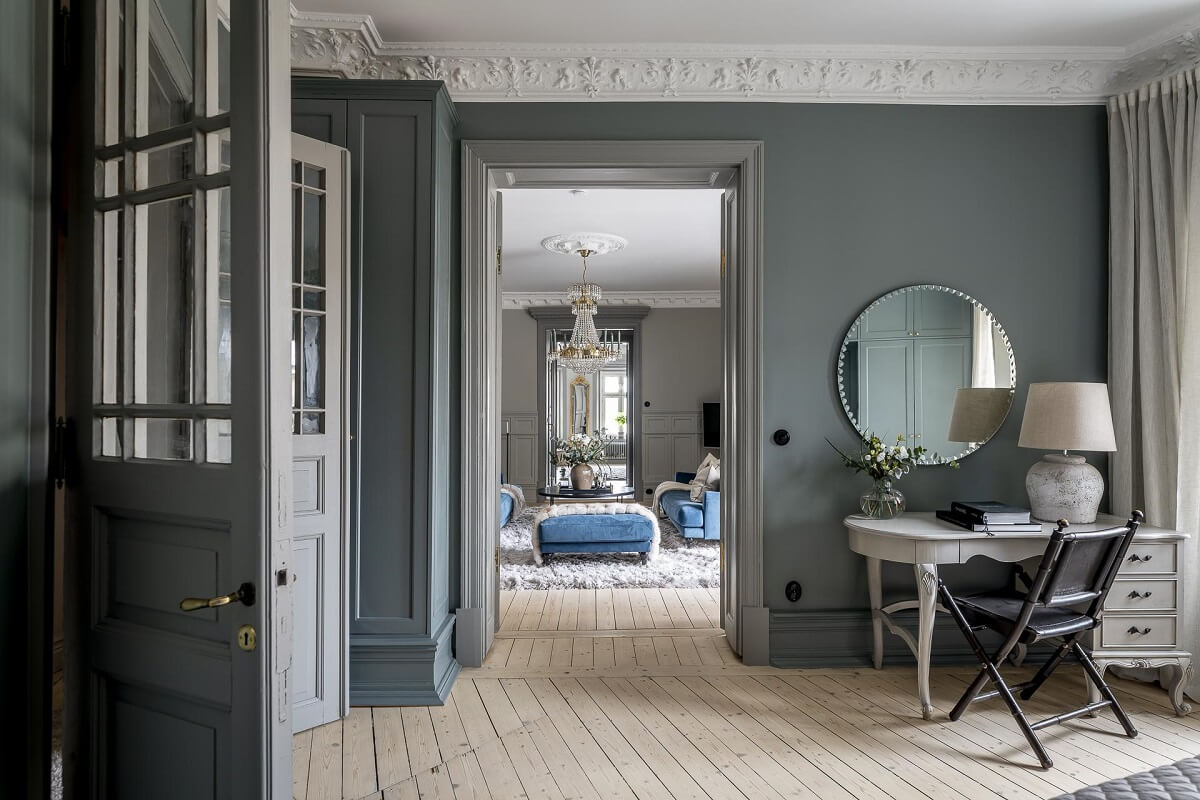 Gray Tones in a Classic Historic Scandinavian Home 11 master-bedroom-ceiling-ornaments-vanity-desk-nordroom
